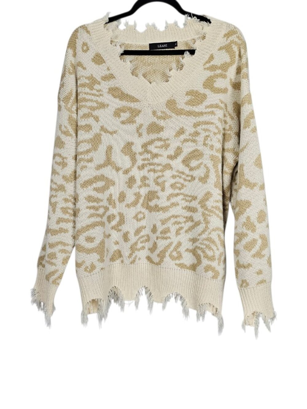 Leani Distressed Leopard Print V Neck Fringe Oversized Cream Tan Sweater Size XL